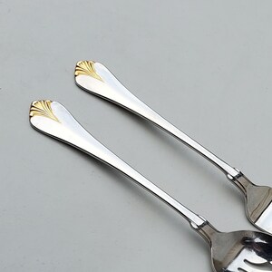 Yamazaki Stainless Cara Pattern - Set of 2 Serving Pieces - Glossy Finish With Gold Highlight - Pierced Spoon - Large Meat Serving Fork MCM