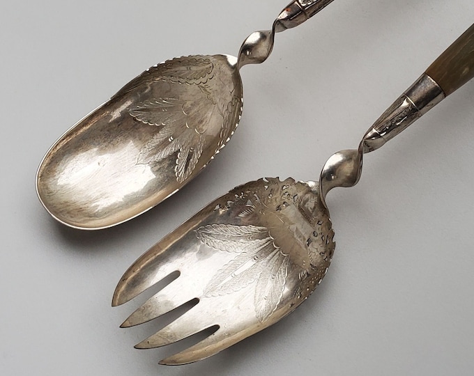Ornate Engraved Serving Spoon and Fork Set Arabic Made With Horn