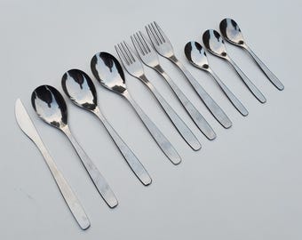 Ikea Stainless Flatware Mopsig Pattern - Mixed Lot of 10 Pieces - 3 Forks - 3 Soup Spoons - 3 Teaspoons - 1 Dinner Knife - Sleek MCM Design