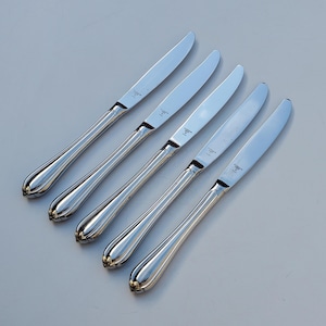 May include: Five silver knives with a reflective finish are arranged diagonally. Each knife has a long, slender blade and a handle with a rounded, decorative end. The knives are set against a light gray background.