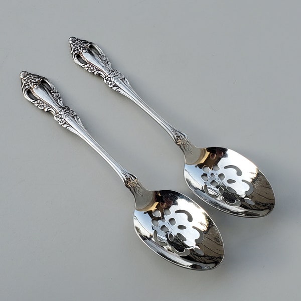 Oneida Distinction Deluxe Stainless Raphael Pattern - Set of 2 Pierced Serving Spoons - Glossy HH - Ornate Floral Handle Design - 8.5"