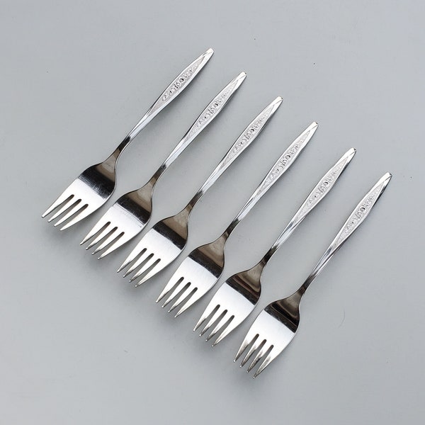 International Silver Co - 1847 Rogers Stainless - Royal Bouquet Pattern - Set of 6 Salad Forks - Fancy Floral Handle Design - MCM - 6.5"