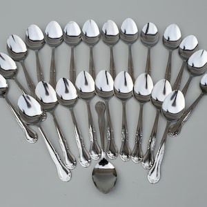 Delco Tableware Stainless Melinda Pattern - Set of 24 Oval Soup Spoons - Glossy - New Old Stock - 7&quot; - Floral Design On Handle
