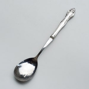 May include: A silver spoon with an ornate handle. The spoon has a rounded bowl and a long, slender handle.