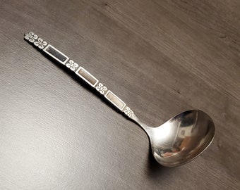 Oneida Community Stainless Madrid Pattern - Gravy Ladle - Mid Century Design With Black Accent Panels - Ornate MCM Handle Design - 7"
