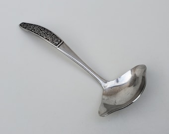 Silhouette Stainless Japan Gravy Ladle - Flower and Leaves Handle Design - Black Accent - MCM - Gravy OR Sauce Ladle - 6.5"