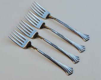 Oneida Deluxe Distinction Spring Glen Pattern - Set of 4 Salad Forks - Glossy Finish With Floral Band - 6.875"