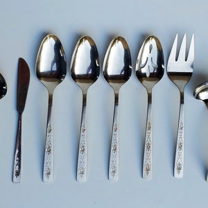 International Decorator Rose Lace Pattern Stainless Mixed Lot of 8 Serving Pieces - Gravy Lade - Large Serving Spoons - Large Fork - Butter