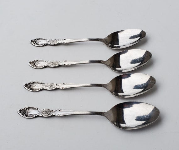 Lustreware Stainless Soup Spoons - Set of 4, Floral Scroll Design