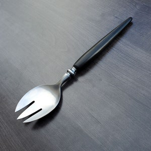 Silvercraft Stainless Large Mid Century Style Salad Serving Fork - Black Tapered Handle - 11.75 - Hand Forged
