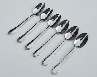 Hampton Silversmiths 18/10 Stainless Felicia Pattern - Set of 6 Soup Spoons - Glossy Finish - Floral Handle End Design - 8"