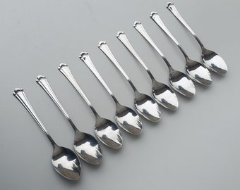 Farberware Stainless Romance Pattern - Set of 9 Soup Spoons - Glossy Finish - Scalloped Tips - 7.5"