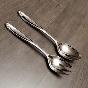 Yamazaki 18/8 Stainless Toscany Solari Pattern - Set of 2 Serving Pieces - 1 Large Oval Serving Spoon - 1 Large Solid Serving Fork - 9.75&quot;