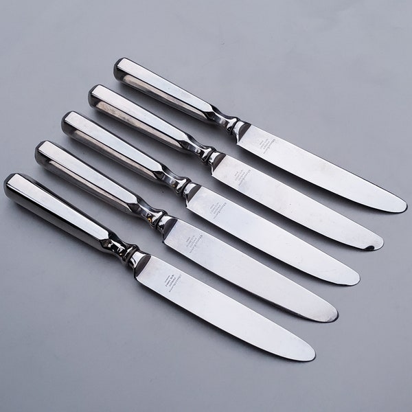 Reed And Barton Stainless Alfresco Pattern - Set of 5 Dinner Knives - Glossy Finish - Hexagon Shaped Hollow Handles - MCM Design - 9.625"