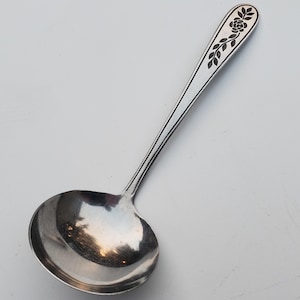 International 1847 Wm Rogers Spring Flower Pattern - Gravy Ladle - Glossy Bowl - Satin Handles With Floral And Leaf Handle Design - 6.5&quot;
