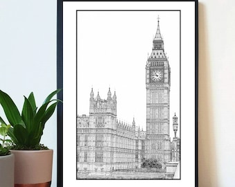 Big Ben Clock Tower | London Art | Black and White Print | Line Drawing Sketch | Travel Decor | Minimalist Poster | Large Printable Wall Art