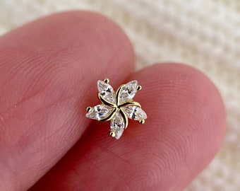 Solid S925 silver earring 14k gold -PRICE PER PIECE- mini flower gold earring - white gold minimalist earring