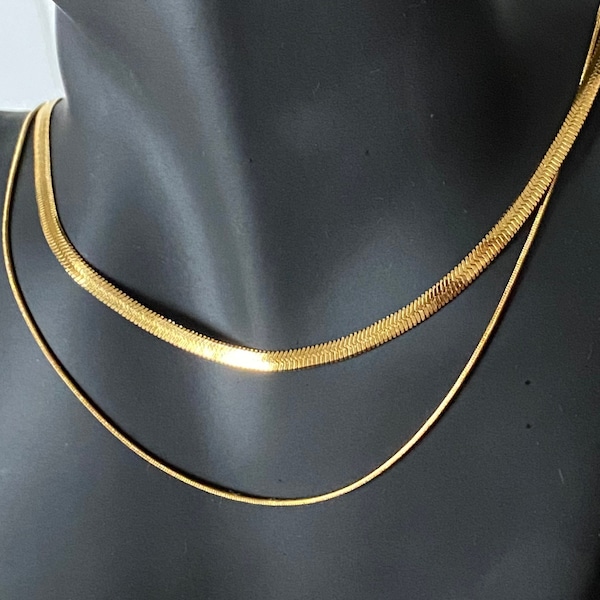 Collier minimaliste double rang- ras de cou fin doré 18k double chaine serpentine choker plat doré 18carats ajustable cadeau pour femme