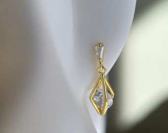 S925 silver earrings - white stone dangling earrings - gold plated earrings