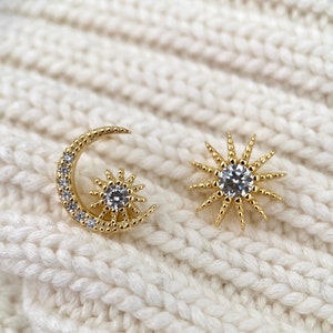 Asymmetrical solid silver s925 gilded 14k zircon earrings - moon and star gold ear studs - asymmetrical earrings