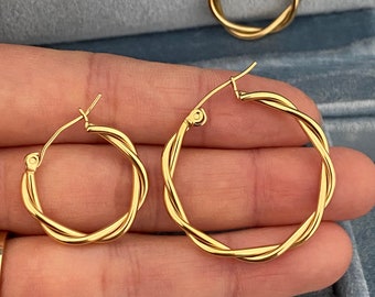 14k gold stainless steel earrings - twisted gold hoop earrings - ear jewelry - braided gold hoops - gold twisted hoop - girl gift