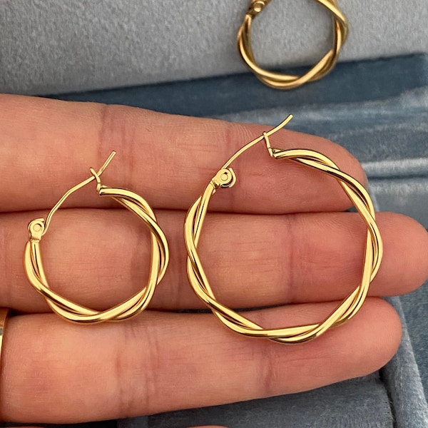 14k gold stainless steel earrings - twisted gold hoop earrings - ear jewelry - braided gold hoops - gold twisted hoop - girl gift