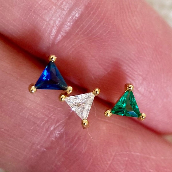 Stud in solid silver s925 gilded - gold ear stud mini stud helix stud stone zircon emerald green-white-blue sapphire