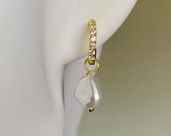 S925 silver earrings - pearl dangling earrings - white gold hoops - pearl ear jewelry - 14 carat gold earrings