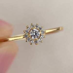 Thin ring in solid silver s925 gilded at 14k- stackable ring white stone Zircon- minimalist multi-stone ring - women&#39;s gold ring
