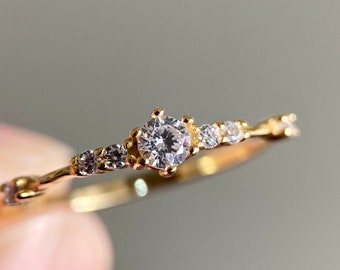 Thin solid silver ring s925 gilded at 14k - minimalist white zircon stone ring - gold engagement ring - women's gold ring
