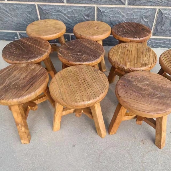 Small round Chinese stool from reclaimed elm wood more than 60 years