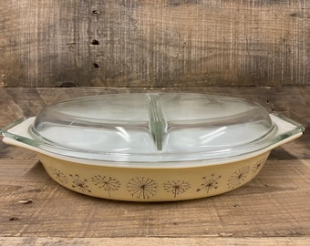 Vintage Dandelion pyrex split casserole dish with lid (Small chip)