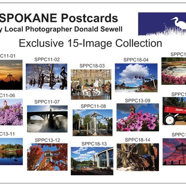 Spokane Postcard Set, PNW, Washington, Landmarks, Icons, Lilac City, Gonzaga, Riverfront Park, Looff, Sunrise, Garbage Goat, Falls 6465