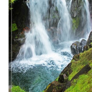 May include: A cascading waterfall flows over moss-covered rocks into a clear pool of water. Lush green foliage surrounds the waterfall, creating a serene and natural scene.