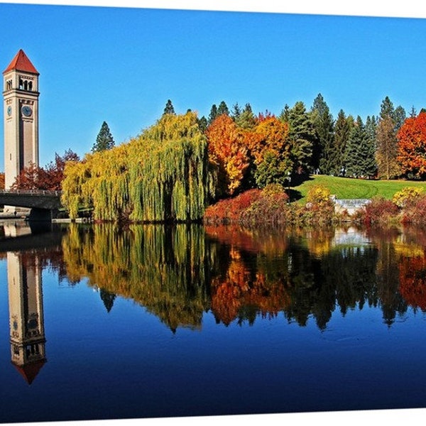 PNW, Northwest, Washington, Spokane, Havermale Island, Spokane River, Riverfront Park, Depot Clocktower, Autumn, Fall Reflection 8551