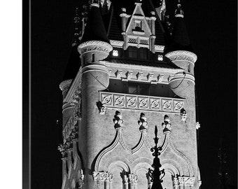 PNW, Northwest, Washington, Spokane, Kendall Yards, Castle, Towers, Turrets, Brick, Black & White, Nighttime, Spokane County Courthouse 0469