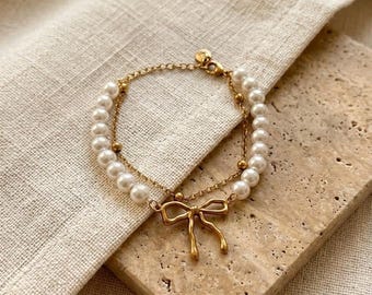 Bracelet noeud de perles dorées, bijoux chaîne satellite double couche