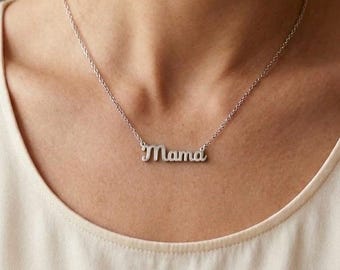 Collier maman en argent - Pendentif en acier inoxydable avec police d'écriture