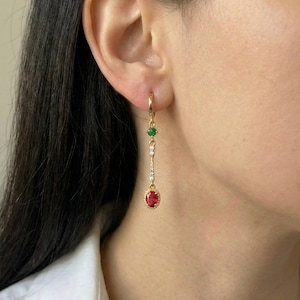 Gold Red & Green Crystal Drop Earrings | Stainless Steel Dangle Earrings | Ruby - Emerald Style Jewelry | Vintage Inspired Earrings