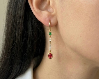 Gold Red & Green Crystal Drop Earrings | Stainless Steel Dangle Earrings | Ruby - Emerald Style Jewelry | Vintage Inspired Earrings