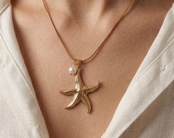 Gold-Tone Stainless Steel Starfish and Pearl Pendant Necklace - Beach and Ocean Theme Jewelry - Tarnish Resistant Summer Accessory