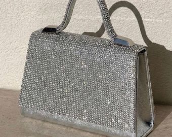 Sac à main argenté en strass, Pochette de soirée scintillante, Sac à main en cristal structuré, Porte-monnaie pour invité de mariage, Accessoire pour bal de promo glamour