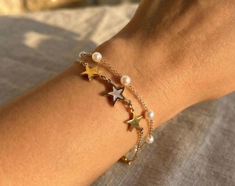 Gold Layered Bracelet • Star & Pearl Charm • Stainless Steel Celestial Jewelry • Boho Double Chain • Waterproof Gift for Her