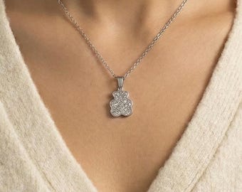 Collier ours en cristal argenté • Pendentif nounours en acier inoxydable • Charm animal pavé en strass • Bijoux minimalistes • Cadeau pour elle avec boîte