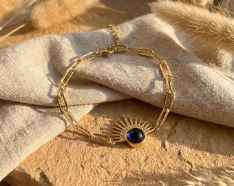 Złota bransoletka Sunburst • Niebieski kamień, niebiański urok • Łańcuszek ze stali nierdzewnej • Biżuteria boho na prezent dla niej