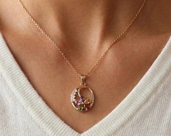 Multicolor Gemstone Flower Pendant Necklace - Stainless Steel Gold Tone - New in Box