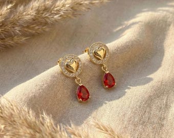 Boucles d'oreilles pendantes en forme de cœur, goutte de cristal rouge rubis, halo d'oxydes de zirconium cubiques, cadeau romantique pour elle, pendentif de 4 cm de long, boîte cadeau