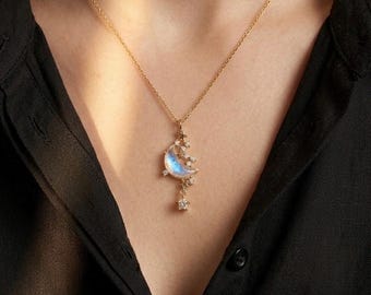 Collier étoile de lune irisée, pendentif céleste plaqué or 18 carats, breloque bohème galaxie zircon