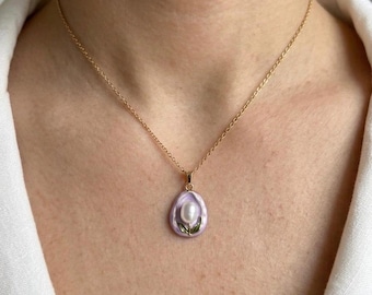 Collier pendentif tulipe en émail lilas - Bijoux en perles en acier inoxydable plaqué or