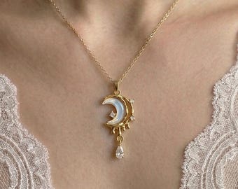 Collier lune en acier inoxydable doré, pendentif céleste imitation opale, étoiles zircones cubiques
